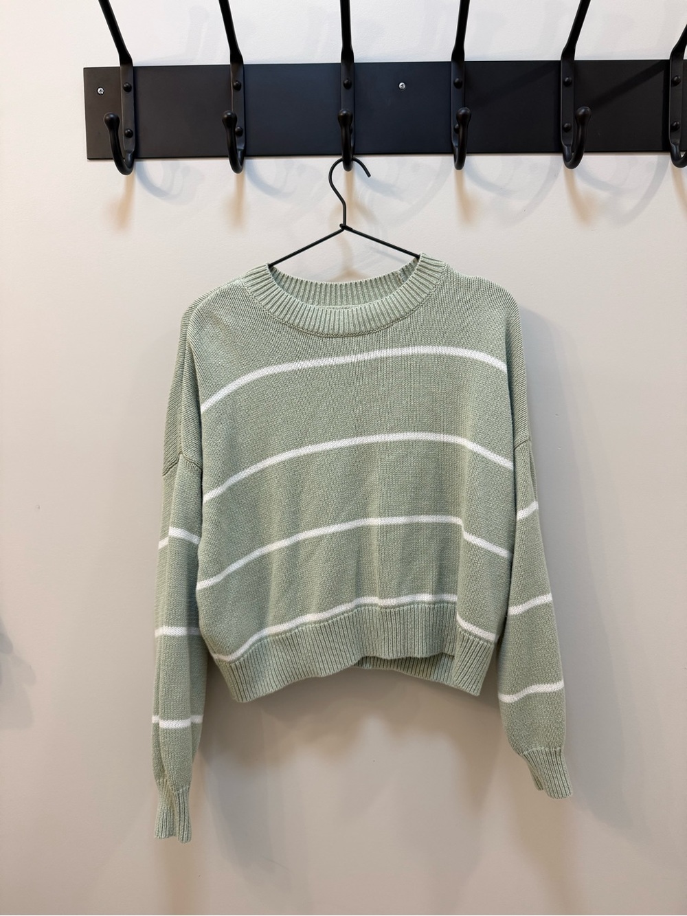 Hollister Sage Green & White Striped Crewneck Sweater